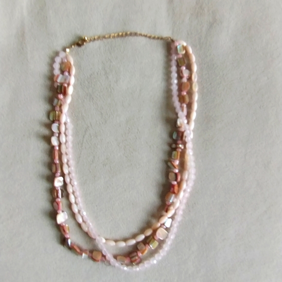 Beaded Necklace Three Strand Peach Pink - Picture 1 of 4